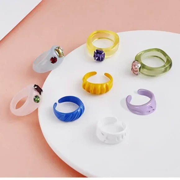 BRANDY MELVILLE 15 Pcs Colorful Rhinestone Resin Cute Trendy Chunky Rings - Picture 3 of 7